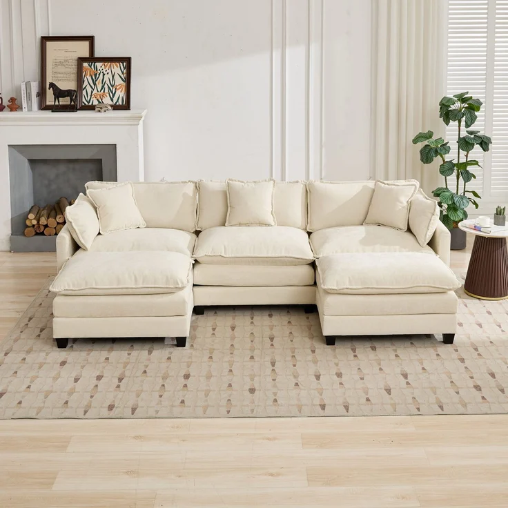 ZUBALIYA Sofa mit LED - Beleuchtung, mit Chenille - Bezug, mit Cordbezug, modular aufgebaut, aus Chenille, Beige – Bild 14