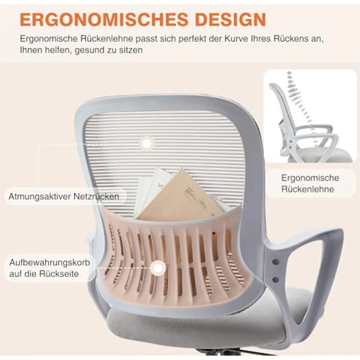 Sweetcrispy Bürostuhl Ergonomisch, Schreibtischstuhl mit Lendenwirbelstütze, Verstellbaren Armlehnen Drehstuhl, Höhenverstellbarer Office Chair, Bürostühle Geeignet für Büro und Schlafzimmer, Grau – Bild 6