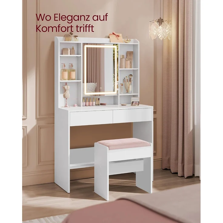 VASAGLE Hocker Schminktisch, Sitzhocker gepolstert, Makeup-Hocker aus Samt, mit rutschfesten Fußpads, für Ankleidezimmer, Schlafzimmer, Eingangsbereich, mattweiß-pastellrosa RDS001W01 – Bild 6