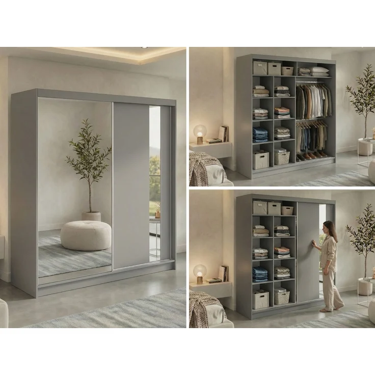 Schiebetürenschrank GRECJA 200 cm breite mit Spiegelfront und Dekor-Applikationen in Grau, inkl. Kleiderstange & Einlegeböden - Grau – Bild 2