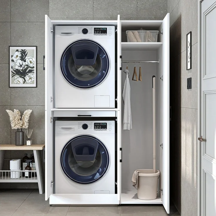 Roomart Waschmaschinenumbauschrank DORA Waschküche 115 cm mit Hochschrank, Soft-Close, 4 Farben (Waschmaschinenschrank DORA für Trockner & Waschmaschine in 4 Farben) Soft-Close-Türen, Vollauszug, 130kg Belastbarkeit, 4 Farben – Bild 4