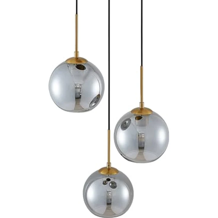 Lindby Hängelampe Jurian, 32 cm, 3-flg., mit rauchgrauen Glasschirmen und bronzenen Details – Bild 7