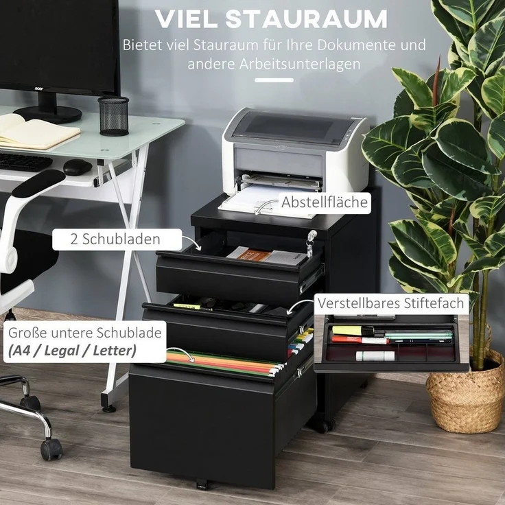 Vinsetto Rollcontainer Büroschrank mit 3 Schubladen, (Büroschrank, 1 St, Bürocontainer), Stahl Schwarz 39 x 48 x 60 cm – Bild 3