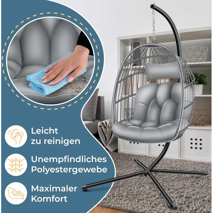KESSER® Hängesessel Jungle mit Gestell Stahl Hängekorb Sessel Inkl. Großen Kissen + Decken Halterung - Hängeschaukel Hängesitz Indoor - Outdoor Schaukel Hängestuhl für Kinder und Erwachsene Grau – Bild 4