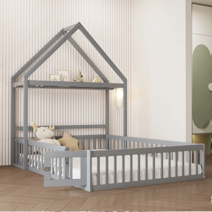 Spielhausbett Mit Abnehmbarem Dach 140x200 Kiefer Massivholz Bodenbett Mit Tür Bücherregal Kleiderstange Lattenrost 200kg Tragkraft Montessori Spielbett Großes Kinderbett
