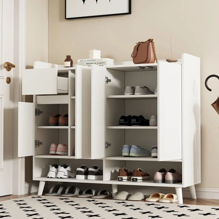 Merax Schuhschrank, Sideboard, mit großem Stauraum, 4 Türen und 1 Schubladen mit einem verstellbaren Regal, Weiß – Bild 2