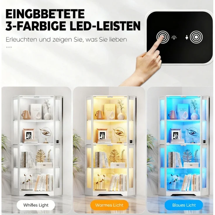 Eckvitrine 60x165x60 cm, Curio-Schrank mit 4 Regalböden, LED-Beleuchtung und Körpersensor, Weiß – Bild 5