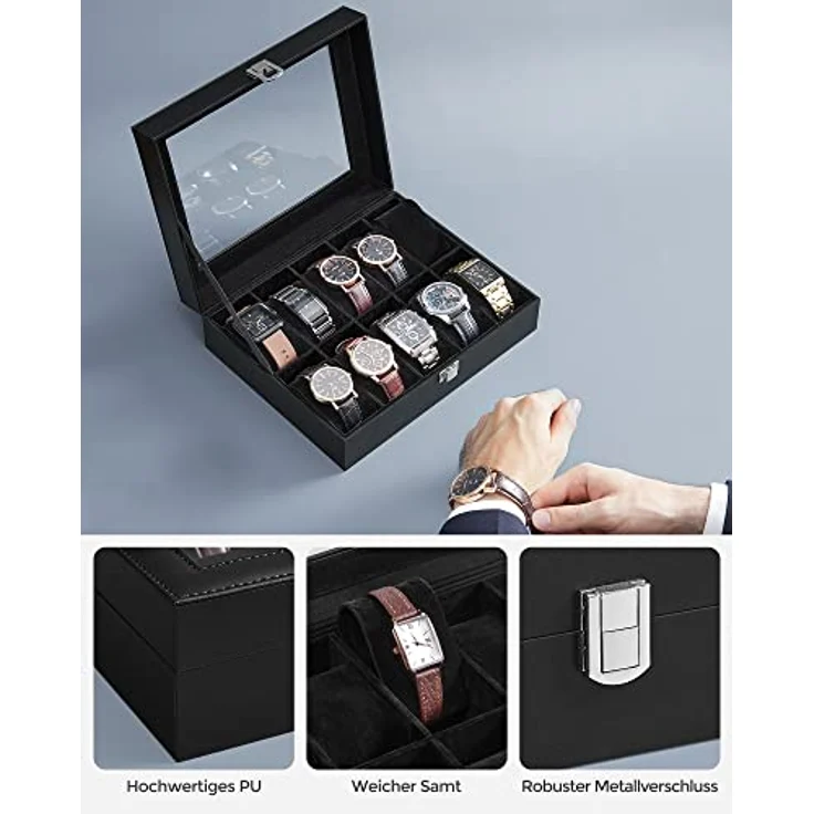 SONGMICS Uhrenbox mit 10 Fächern, Uhrenkasten, Glasdeckel, Uhrenkoffer, herausnehmbare Uhrenkissen, Metallverschluss, Geschenkidee, PU-Bezug in Schwarz, Innenfutter in Schwarz – Bild 6