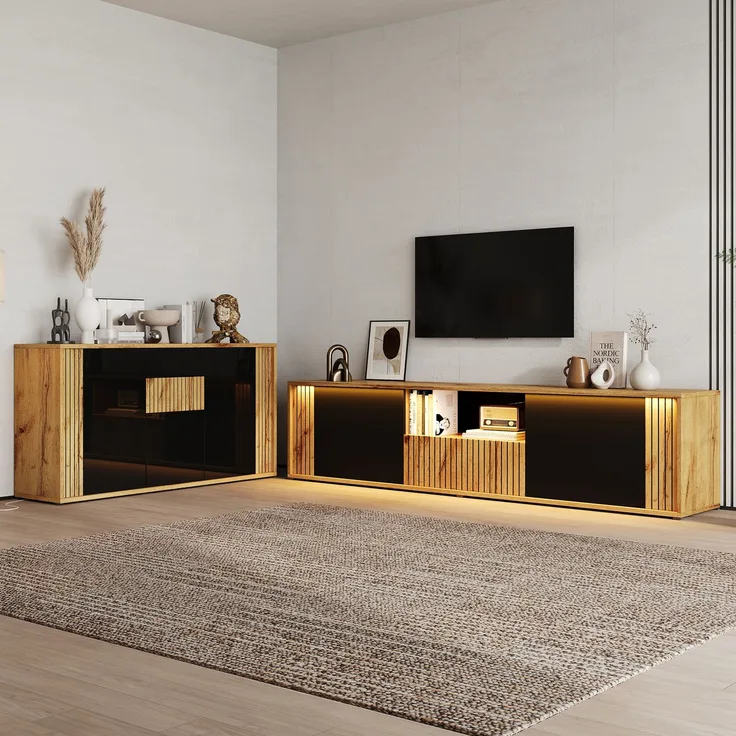 Ein Zwei Türen und eine Schublade TV-Schrank (180×40×51cm )+ Ein Wohnzimmer-Drei Türen Sideboard (140×35×71cm) ,Zweiteiliges Set,Schwarz + Holzton, geeignet für einen 75-Zoll-Fernseher--Schwarz + Natur--102.49x49x19cm--YOUDENOVA