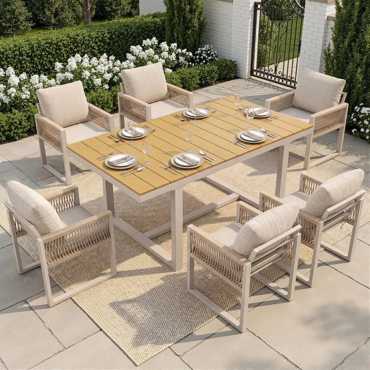 Merax 7-tlg. Garten-Essgruppe, Outdoor-Esstisch-Set, mit 1 Tisch + 6 Stühle, mit Seilgeflecht & Kissen Wetterfest, Beige – Bild 3