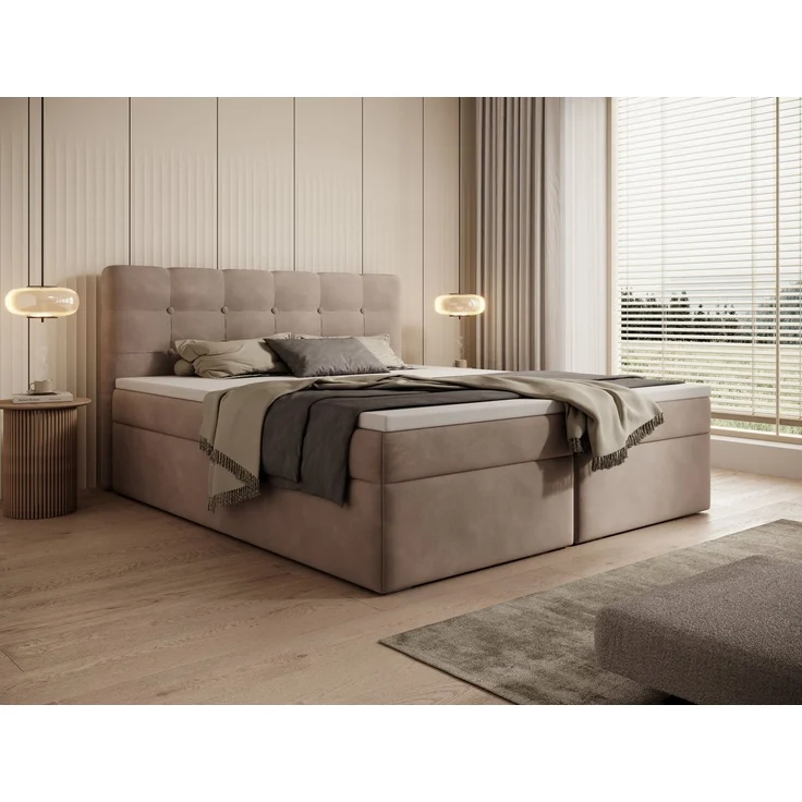 thematys Boxbett Luxus mit Bettkasten 180x200cm, mit Bonnellfederkernmatratze H3, Bouclé/Velours, mit Stauraum, mit 3 cm Topper, Beige (Holland 91), Art.-Nr. S0WGG0ANUDG – Bild 3