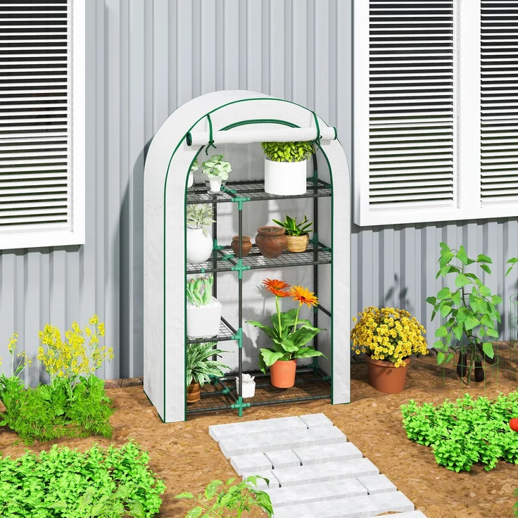 Wohnora-Gewächshaus mit Runddach Tür, Regale, winterfest Foliengewächshaus aus Stahl, Treibhaus für Balkon, Garten, Tomatenhaus 100 x 45 x 160 cm, Tomatengewächshaus für Tomaten, Gemüse, Blumen, Weiß,H 160cm x T 100cm x B 45cm – Bild 3