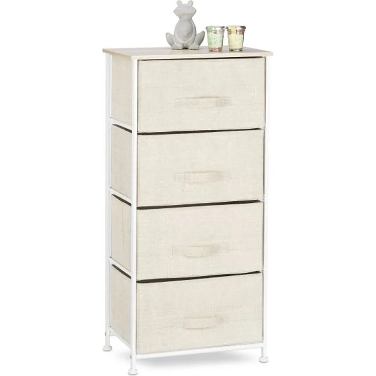 Relaxdays Regalsystem, 4 Schubladen, Metall & Holz weiß / Stoff beige, 95 x 30 x 45 cm