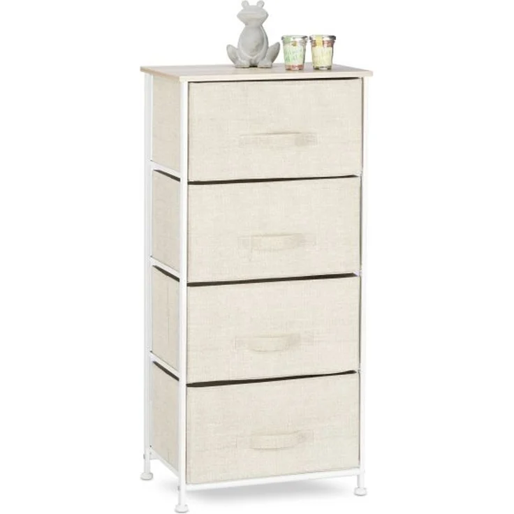 Relaxdays Regalsystem, 4 Schubladen, Metall & Holz weiß / Stoff beige, 95 x 30 x 45 cm – Bild 1