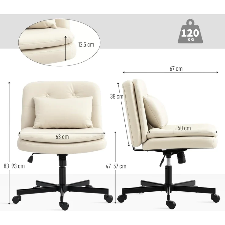 HOMCOM Bürostuhl ohne Armlehnen, mit breit doppelschichtig Polster, Kissen (gepolsterter Schreibtischstuhl, 1 St), Kunstleder Schneidersitz Stuhl für Büro, Beige – Bild 3