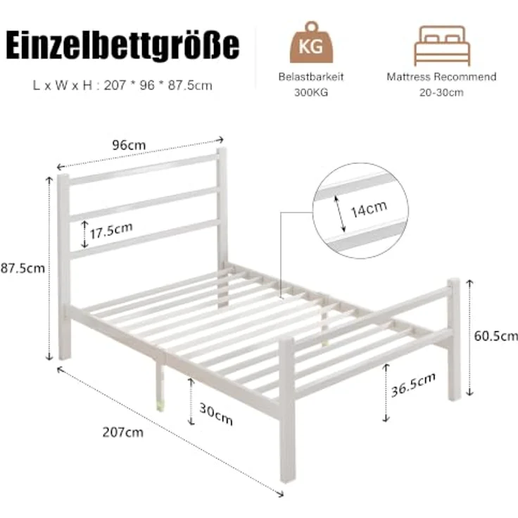 Feonase Einzelbettgestell aus Metall mit stilvollem Kopfteil und Fußteil, Einzelbettgestell, einfache Montage, reichlich Stauraum unter dem Bett (Weiß, 90x200 cm) – Bild 2
