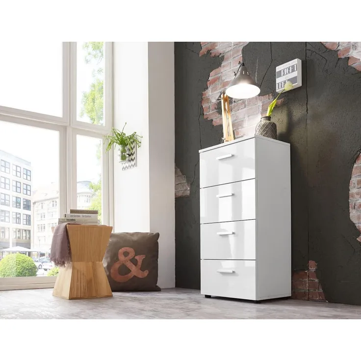 BMG Möbel Kommode Monaco (Schubkastenkommode mit 4 Schubkästen, 44 cm breit, Höhe 91 cm), Fronten Hochglanz Weiß, ideal für Flur und Schlafzimmer geeignet