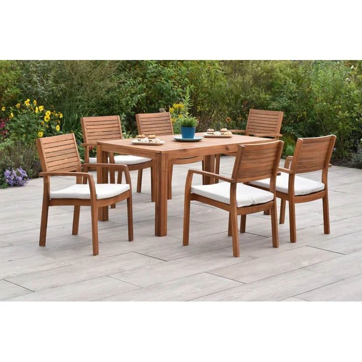 Batavia Gartenmöbel Set 13tlg, 6 Stapelsessel, 6 Sitzkissen Ausziehtisch 150 (200) x 90 cm, Akazie – Bild 2