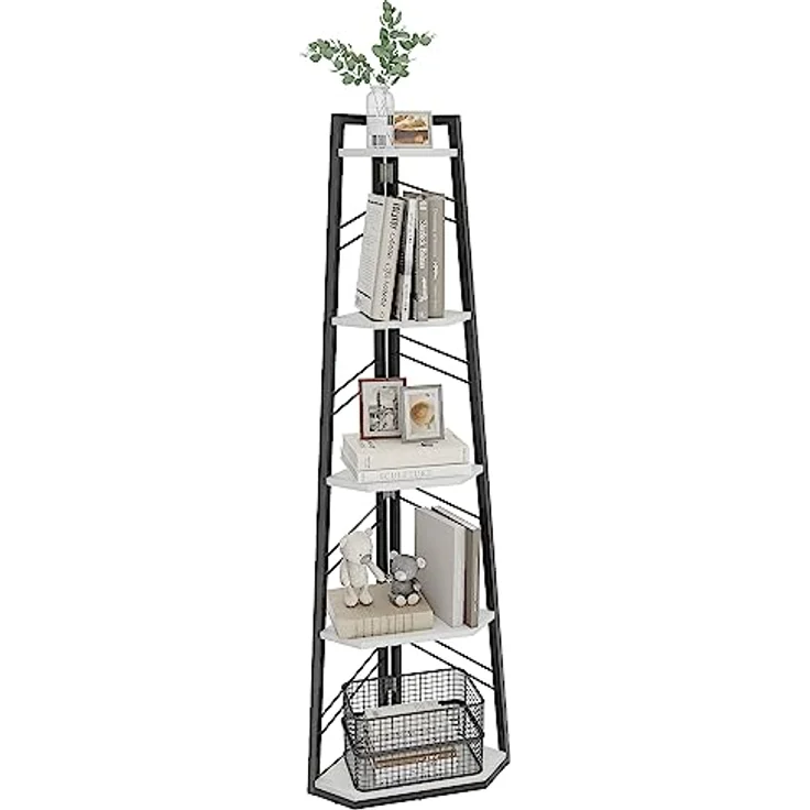 YITAHOME 5-Stöckiges Eck-Bücherregal - Industrielles Freistehendes Leiter-Bücherregal, Modernes Offenes Holzregal für Wohnzimmer, Diele, Home Office, Weiß – Bild 7