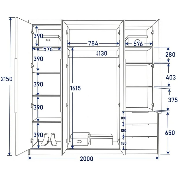 A&J MöbelLand GmbH Drehtürenschrank FALKEN– viertüriger Kleiderschrank 200 cm (Geräumiger viertüriger Kleiderschrank mit Schubladen. Geräumiger Schrank mit einer Breite von 200 cm und Schubladen, ideal zur Aufbewahrung von Kleidung und Accessoires. Vie... – Bild 3