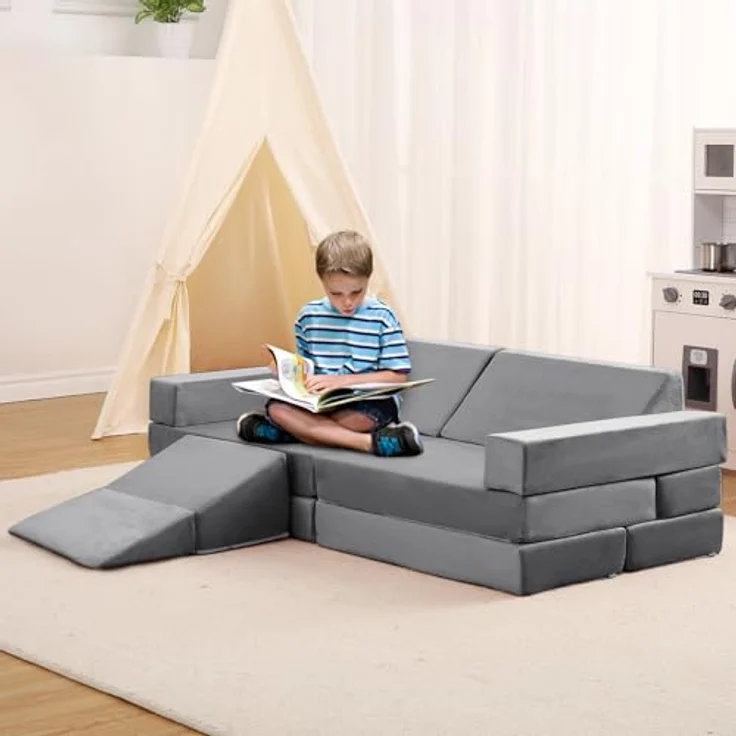 Kindersofa, 12 Stück, Sofa für Kinder mit Schaumstoffblöcken, dick, widerstandsfähig, mit verdecktem Reißverschluss, modulares Sofa, faltbar, Grau – Bild 2