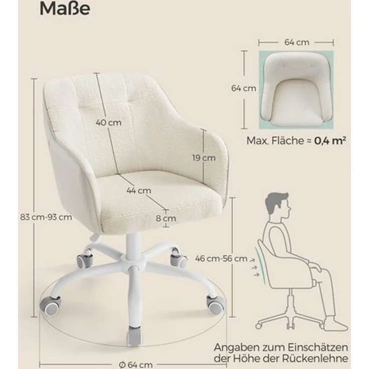 Songmics Schreibtischstuhl, höhenverstellbar, bis 110 kg belastbar, atmungsaktiver Sherpa-Stoff und PU cappuccinobeige, 64x64 x (83-93) cm – Bild 5