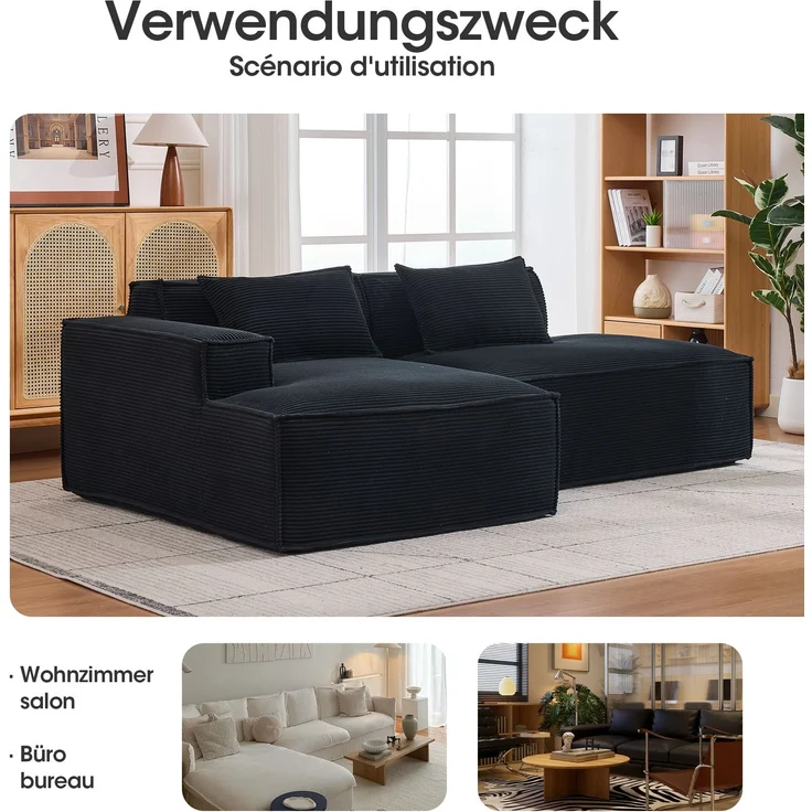 LVHOM Ecksofa 2 Sitzer, Modulares Sofa 235 cm breit, L-Form Sofa mit 2 Kissen, Schlafsofa aus Cordstoff, kein Aufbau erforderlich, Schwarz – Bild 7