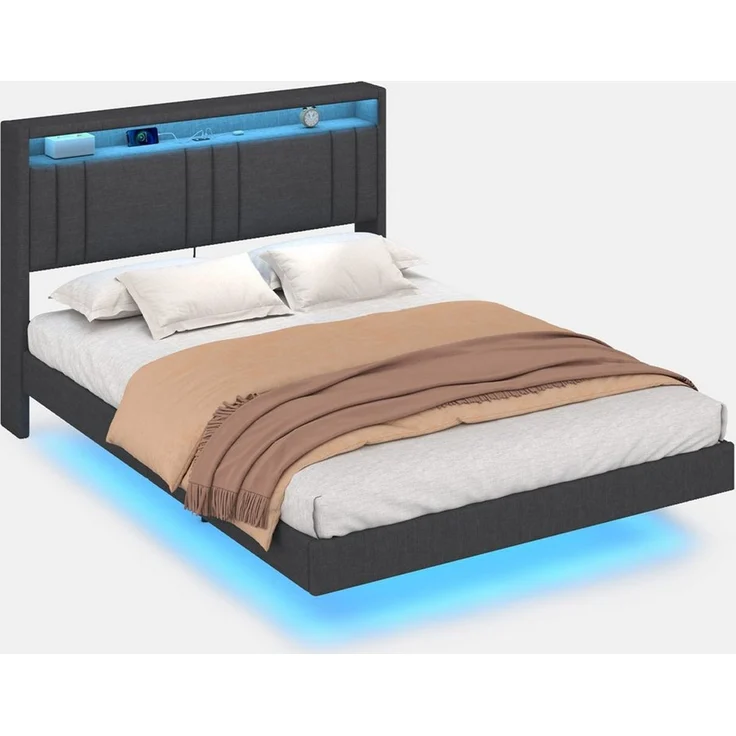 MSMASK Bettgestell Bett Bettgestell 140x190 cm, Bettrahmen mit LED-Beleuchtung, Leinenstoff Grau – Bild 5