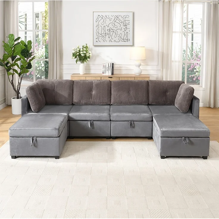 Modulares U-Sofa, Samt & Cord mit Stauraum, 261x132,5x85 cm, Antikgrau – Bild 3
