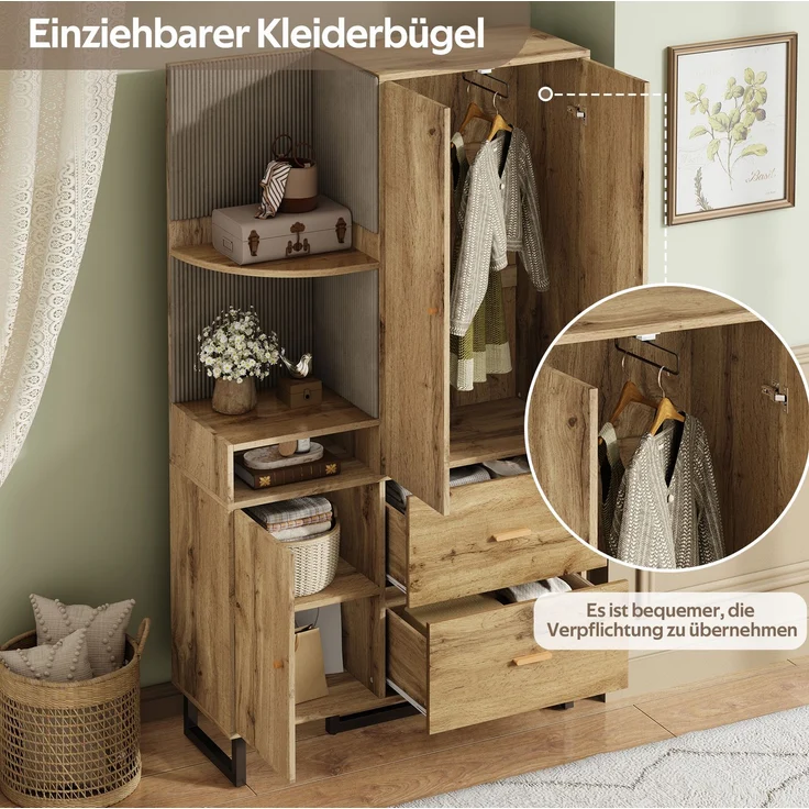 CHICFURN Schrank 110x186x38 cm mit Schubladen, aus MDF – Garderobe mit Kleiderstange Schwarz,Natur – Bild 4