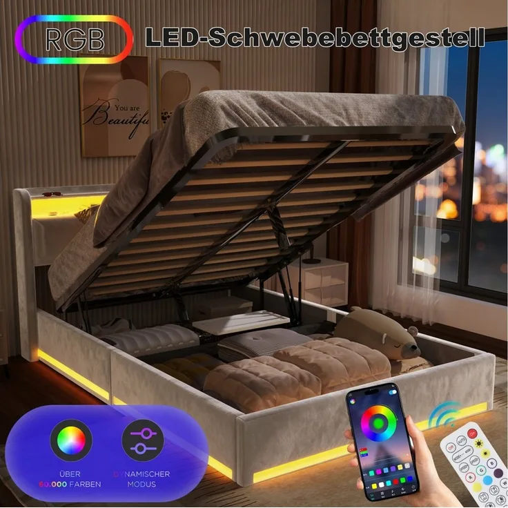 oyajia Polsterbett LED Doppelbett 140x200cm, Stauraumbett mit Kopfteil, Samt (mit Komforthöhe, Leises Design Bett), Stauraumbett mit Hydraulische Metallrahmen und Lattenrost aus Holz