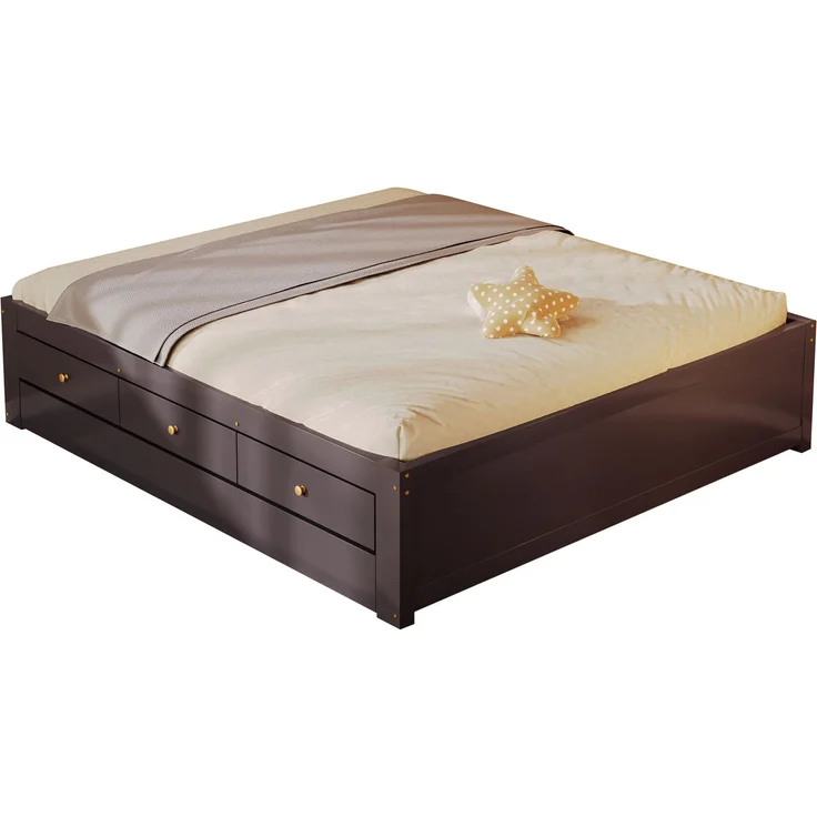 Holzbett 140x200 cm mit 3 Schubladen und ausziehbarem Gästebett – Kaffeebraun (ohne Matratze) – Bild 4