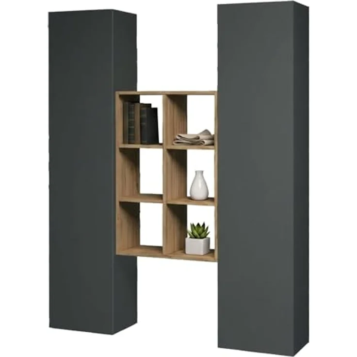 Dmora - Kommode Franco, Wohnzimmer-Set mit 2 Türen und Regalen, Wohnzimmer-Buffet, Küchen-Sideboard, 100% Made in Italy, 140 x 30 x 180 cm, Anthrazit und Ahorn – Bild 4