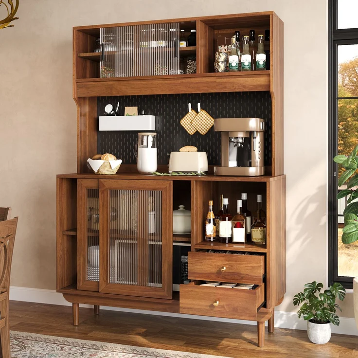 Küchenbuffet 117 x 30 x 170 cm aus MDF und Spanplatte mit Riffelglas-Schiebetüren – Bild 2