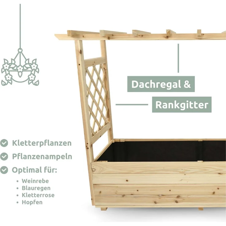 2er Set Pflanzkästen mit Rankgittern & Dach - Tannenholz - 128 x 44 x 103cm – Bild 4