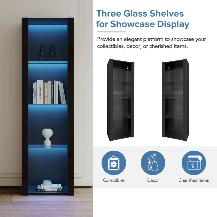 Schwarzer Hochglanz-Vitrinenschrank mit LED-Beleuchtung, 3 Glasfächer, 55*38*166cm, Vitrine, Stehschrank, Hochschrank, Lagerschrank--Schwarz--176.5x46x14.5cm--YOUDENOVA – Bild 4