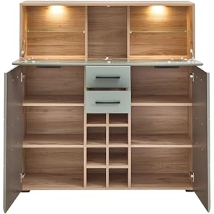 Barschrank >Kathlin< Barfach, Stauraum, LED, schilfgrün / Eiche Dekor - 120x129x37 (BxHxT) – Bild 3
