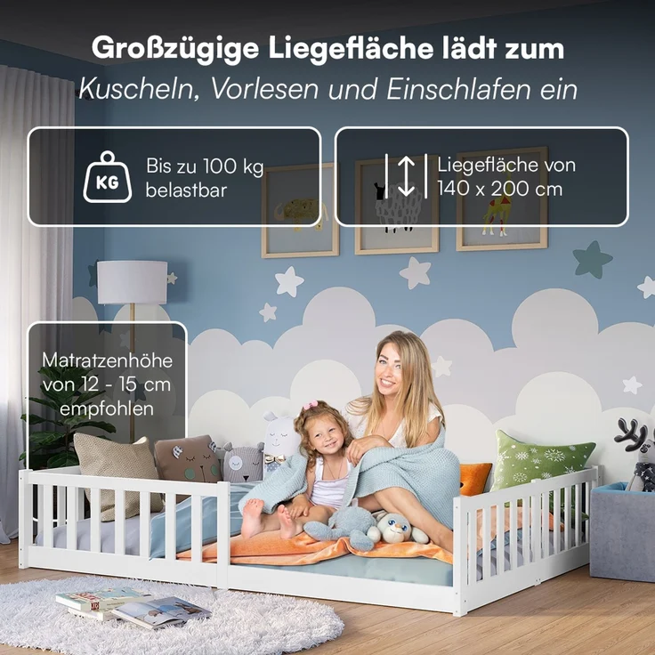 Bellabino 'Vere' Bodenbett 140x200 cm mit Matratze, weiß, Massivholz Kiefer, Montessori Kinderbett mit Rausfallschutz und Lattenrost – Bild 6