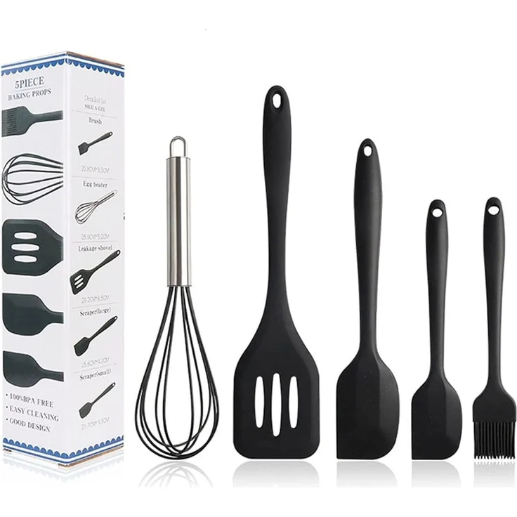 König Design Kochbesteck-Set Silikon Teigschaber Spatel Antihaft Back Schaber Kochset Schneebesen (Set, 5-tlg, 3 x Kochlöffel, 1 x Schneebesen, 1 x Pinsel), Spachtelbürsten Backwaren Ölbürste Schneebesen Schlitzwender