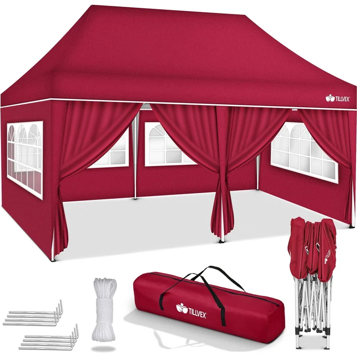 tillvex Pavillon 3x6m - mit 6 Seitenwänden Rot wasserdicht | Pop-Up Faltpavillon höhenverstellbar | Gartenzelt UV Schutz 50+ | Partyzelt mit Tasche für Garten – Bild 6