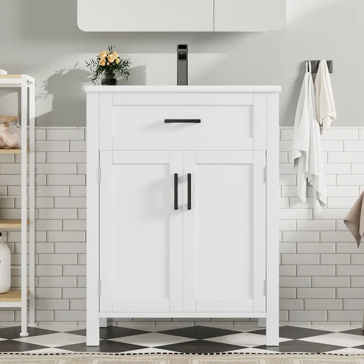 60 x 46 x 84,8 cm Bodenstehender Badezimmerschrank mit Waschbecken,Waschtisch,Volllackierung, Doppeltürregale, praktische Schubladen, verstellbare Regale, integriertes Keramikwaschbecken,weiß