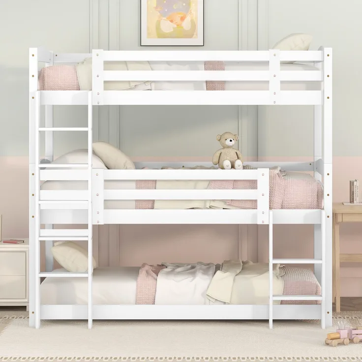 Bett 90x200 cm Dreifach-Etagenbett aus Kiefernholz, platzsparend und sicher
