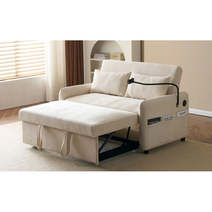 Ausziehbares Schlafsofa 2-Sitzer mit USB-Anschluss & verstellbarer Rückenlehne mit Kissen und Stauraumtaschen,multifunktionales,Beige – Bild 4
