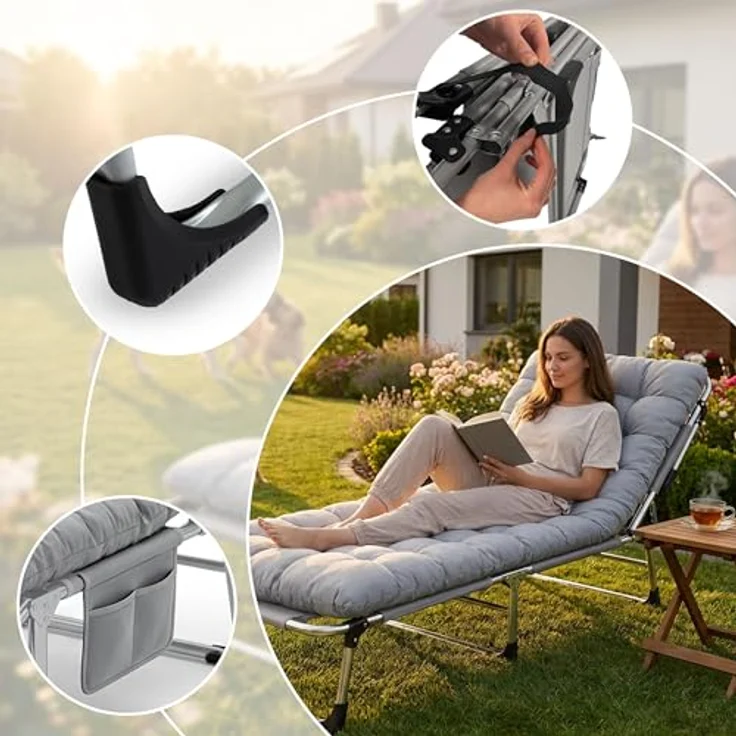 Sofotel Klappbares Gästebett und Sonnenliege mit Matratze und Kissen - 5-stufig verstellbare Gartenliege - für Schlaf und Entspannung - 193 x 67 x 40-75,5 cm - für Camping, Garten und Gäste - Grau – Bild 8