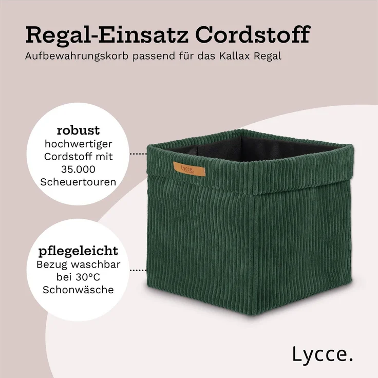 Lycce faltbare Aufbewahrungsbox - Cord, passend für Kallax Regal, abnehmbarer Bezug, robust, formstabil Grün 31x33x33cm – Bild 3