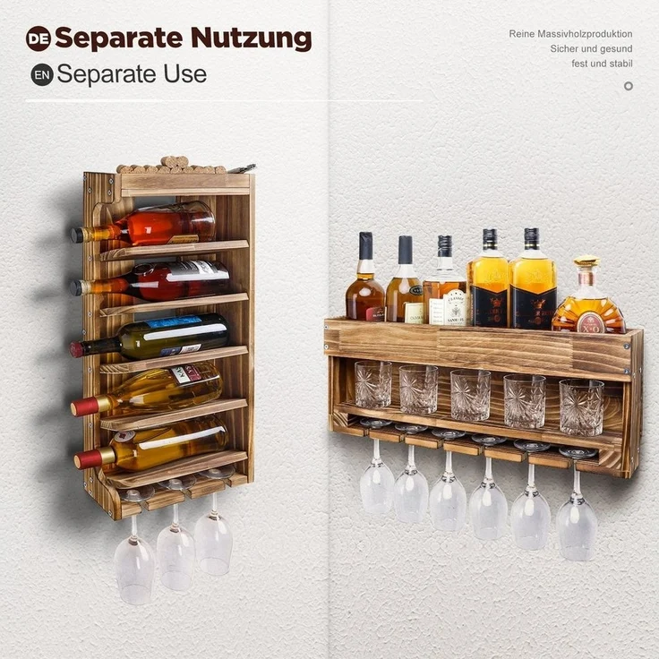 Yorbay Weinregal Weinregal aus Holz, Wandbar mit Korkhalter, Holzregal für Weingläser, Whiskygläser, Wandmontage Wand Flaschenhalter Vintage Stil für Hausbar – Bild 2