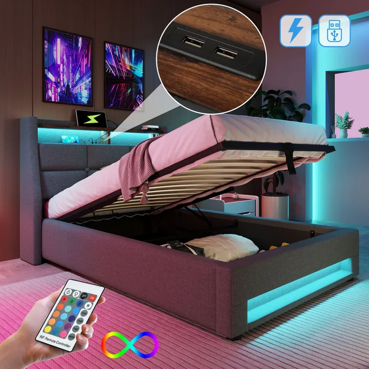 EINHOM Polsterbett mit USB 90 x 200 cm, LED Einzelbett mit Lattenrost aus Metallrahmen, Bettgestell aus Leinenmaterial Jugendbett, Grau (Ohne Matratze)