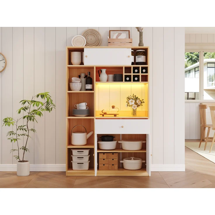 ZUBALIYA Buffetschrank 115x35x180 cm, mit LED-Beleuchtung, aus Spanplatte, Weiß / Natur – Bild 5