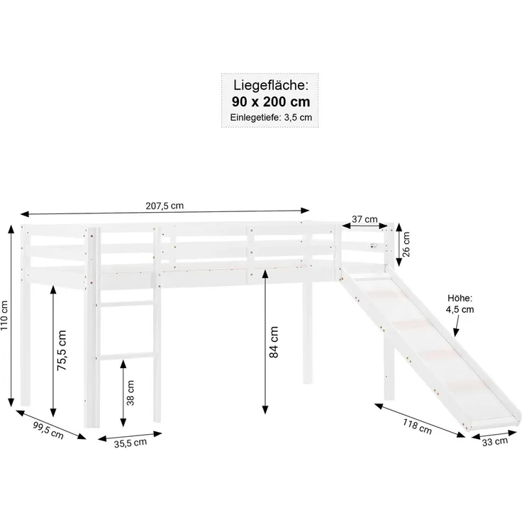 Halbhochbett Spielbett Kinderbett Leiter Rutsche Kiefer 90x200 cm massiv Jugendbett