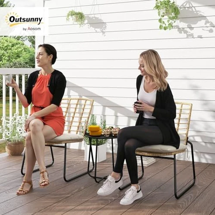 Outsunny Gartenlounge-Set 3-teilig, mit 2 stapelbar Stühle, Tisch, Kissen, wetterfest, (Balkonmöbel Set für 2 Personen, 3-tlg, Rattan Gartenmöbel Set), für Terrasse Balkon, Beige & Braun – Bild 2